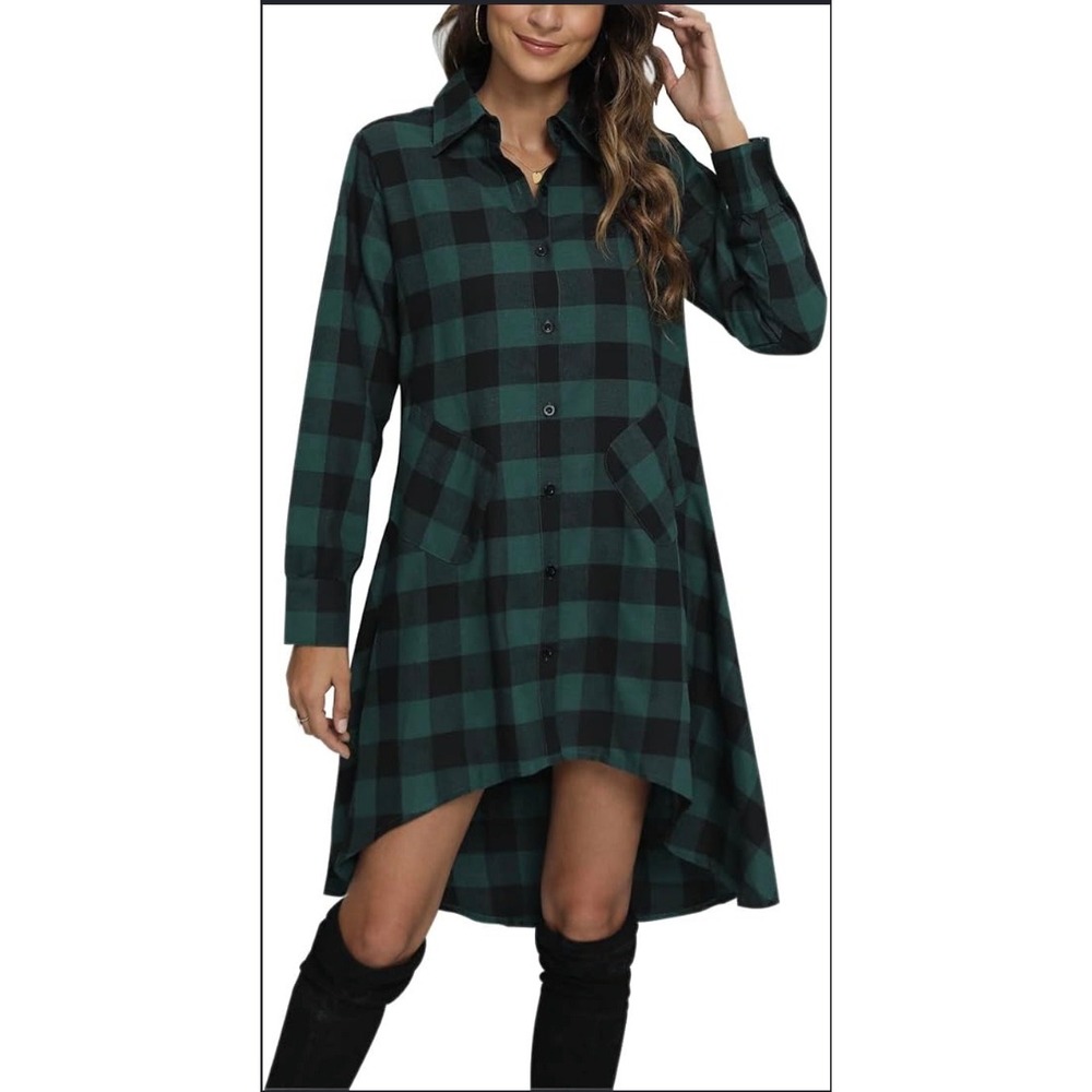 Olrain Green Navy Buffalo Plaid High Low Button Down Shirt Dress NWT Small